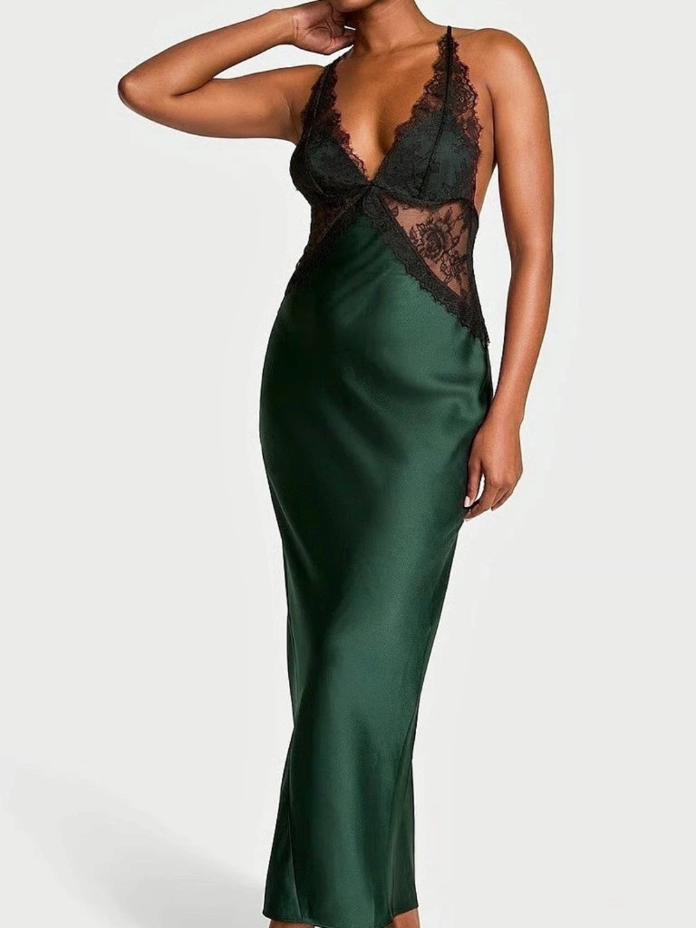 Victoria’s Secret Very Sexy Satin Rose Lace Long Slip Dress Satin Lace Maxi Gree